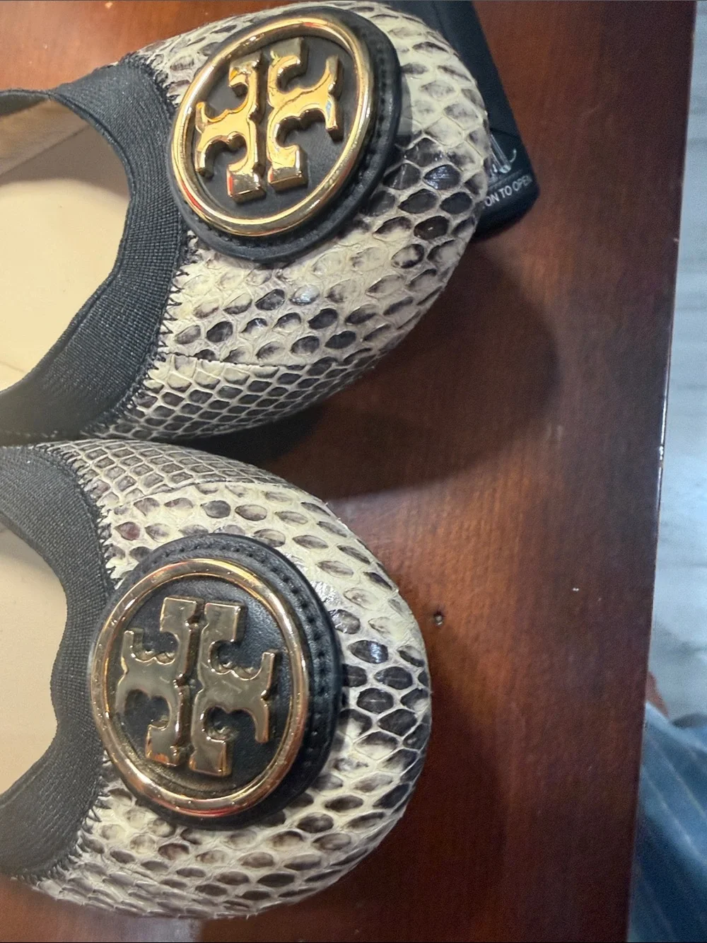 Tory Burch Snake-Print Ballet Flats in Beige and Black with Gold Logo